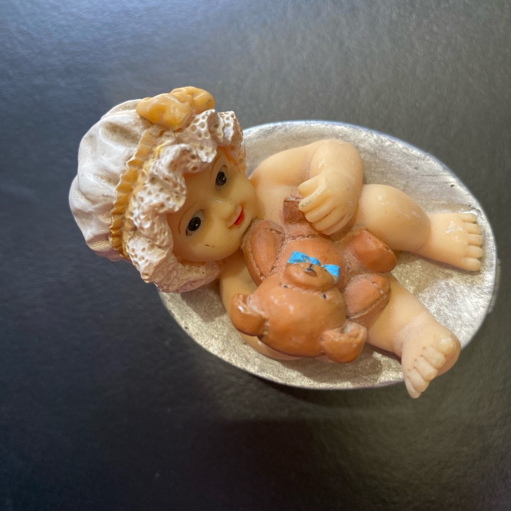Vintage Baby in Bath Bucket with Teddy Bear Figurine 2"x3"